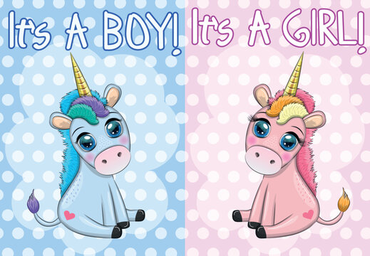 Boy and girl. Pink and blue unicorn. Children's invitation card. Holiday newborn, pregnancy.