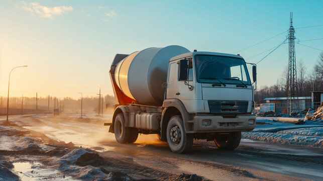 Dawn at the Construction Site: Cement Mixer Truck on the Move, Illuminated by the Golden Sunlight with a Developing Infrastructure Background