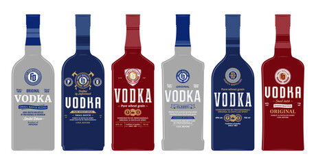 Vector vodka labels and bottle mockup templates. Distilling business branding and identity design elements