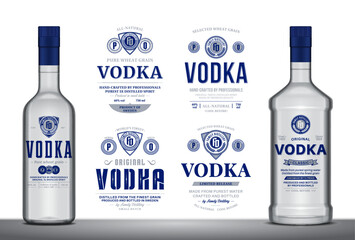Vodka labels and bottle mockup templates. Distilling business branding and identity design elements - obrazy, fototapety, plakaty