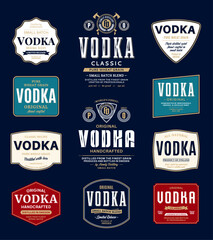 Vodka labels and packaging design templates. Vodka badges set. Distilling business branding and identity design elements