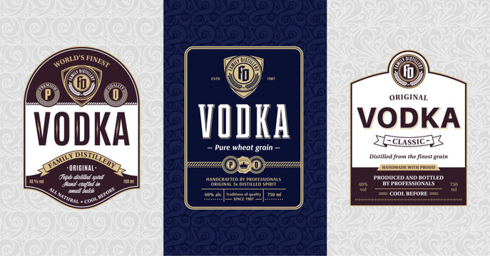 Vodka vintage labels and packaging design templates. Distilling business branding and identity design elements