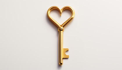 Love-themed heart-shaped golden key. White background. Isolated. Valentine's Day cards, Anniversary gifts, Romantic advertisements,  Wedding invitations, Romantic gestures illustrations
