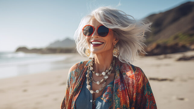 senior woman wearing sunglasses  and laughing hat a beach
