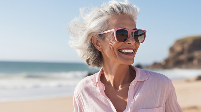 senior woman wearing sunglasses  and laughing hat a beach