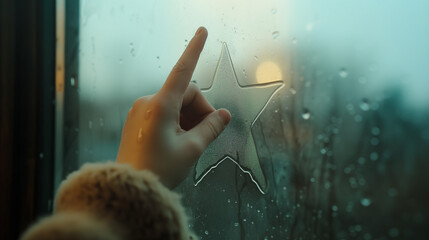 Winter Whimsy: Hand Drawing a Star on a Foggy Window, Capturing the Warmth Inside Against the Cool Misty Glass, Evoking Nostalgia and Playfulness