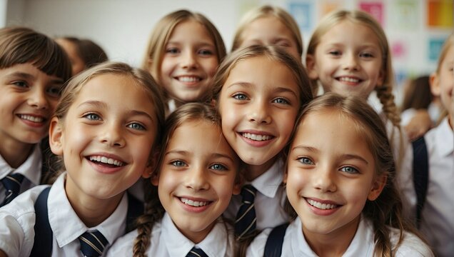 Smiling group of European schoolgirls in uniforms, taking a selfie in a brightly lit classroom.