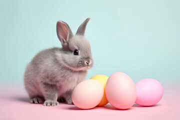 Bunny next to large Easter eggs in front of pastel studio background
