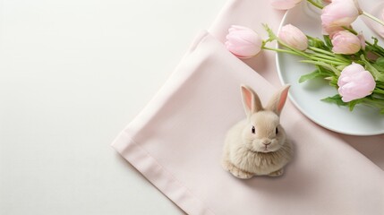 Easter Bunny with Pink Tulips on Napkin