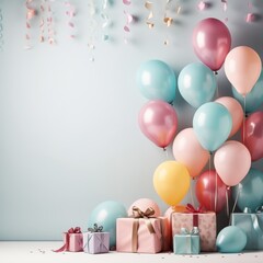 Obraz na płótnie Canvas Pastel Balloons and Presents Birthday Background