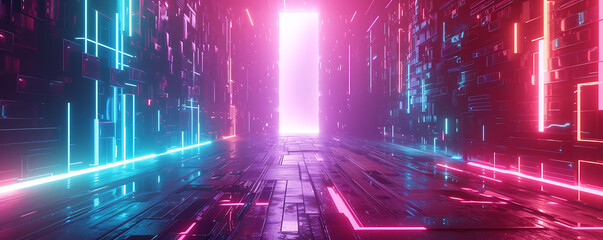 Enigmatic 3D render of a neon-lit portal or gateway, with dynamic shapes and colors hinting at a mysterious dimension