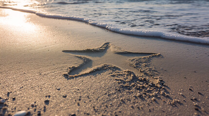 Fototapeta na wymiar Sunset Dreams: Hand-Drawn Star on Golden Sandy Shore with Gentle Waves Caressing the Beach