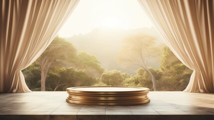 Wooden Podium and Curtain with Vase