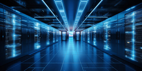 High-Tech Rechenzentrum, futuristische Server in einem digitalen Serverraum, Cloud Technologie