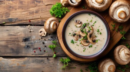 Obraz na płótnie Canvas mushroom cream soup in a visually enticing photograph, showcasing the creamy texture and rich flavor of the soup in a bowl from a top-down perspective, leaving ample space for personalized text.