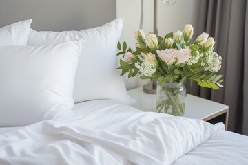 Elegant White Duvet on Bed with Fresh Flowers