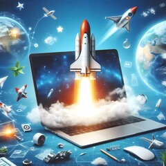Digital Art of Launching Space Rocket from Laptop Screen, Internet Business