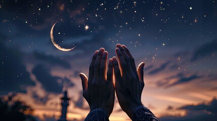 Muslim hands raised in prayer against the backdrop of a dark sky adorned with twinkling stars and a crescent moon, symbolizing the divine connection and reverence felt during moments of worship.