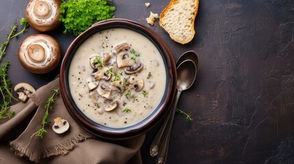 mushroom cream soup in a visually enticing photograph, showcasing the creamy texture and rich flavor of the soup in a bowl from a top-down perspective, leaving ample space for personalized text.