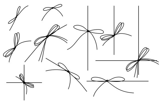 Bow gift ribbon line simple element set. Hand drawn doodle stroke ribbon bow. Elegant minimal line stroke style. Vector illustration.