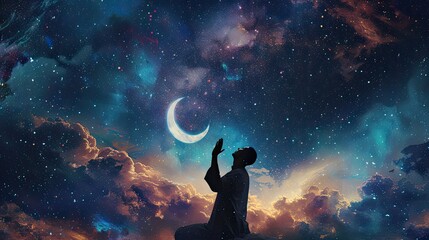 Muslim hands raised in prayer against the backdrop of a dark sky adorned with twinkling stars and a crescent moon, symbolizing the divine connection and reverence felt during moments of worship.