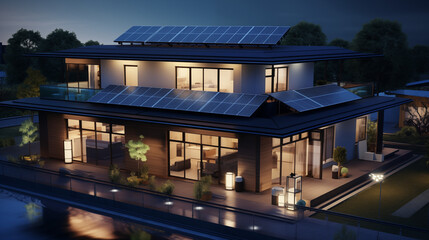 Modernes Haus mit nachhaltigem Energiekonzept, Solarenergie bei Neubau eines freistehenden Haus, Wohnen der Zukunft, Energiewende