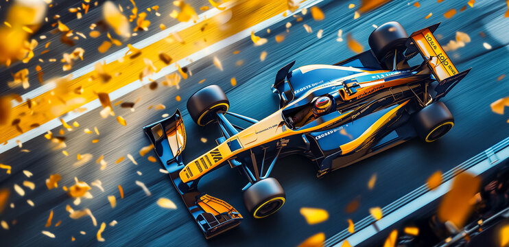 driver celebrate victory pass the finishing point and Race car racing on a track