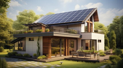 Modernes Haus mit nachhaltigem Energiekonzept, Solarenergie bei Neubau eines freistehenden Haus, Wohnen der Zukunft, Energiewende