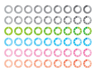 sliced circle set. colored and segmented circles. pie chart circles