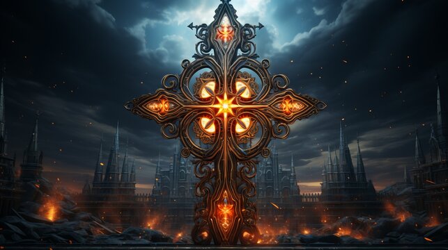 An artistic representation of a cross as Christian symbol on dark ghotic cityscape background.