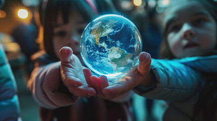 hands of childs holding globe