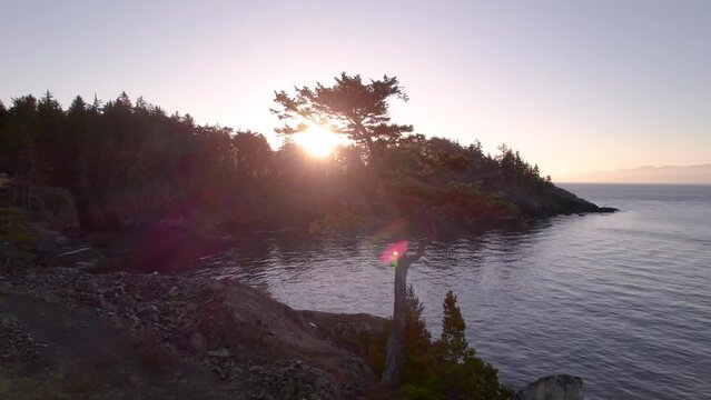 Coastline of Vancouver Island, Sooke, BC, aerial drone footage, ocean sunset. 4K 24FPS
