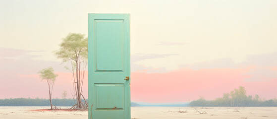 Slightly ajar green door in surreal landscape with pink clouds and large body of water.