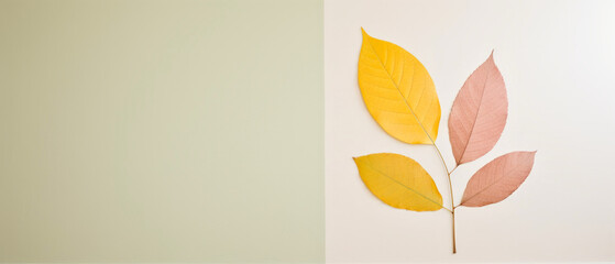 Yellow and pink autumn leaves isolated on a two tone background of beige and white