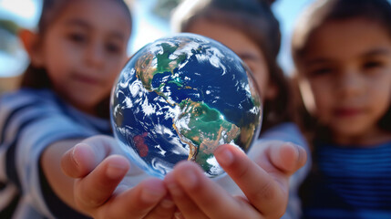 hands of childs holding globe - obrazy, fototapety, plakaty