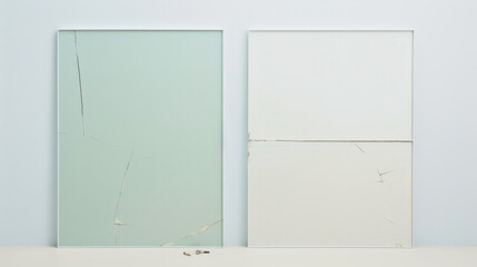 Two translucent glass or plexiglass panels with cracks and scratches on a white background.