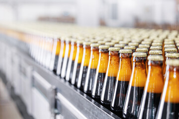 Detailed view of sealed beer bottles on production line with sun light. Industry brewery plant