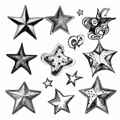 Assorted Hand-Drawn Stars on White Background - Sketch Style Celestial Bodies Collection with Artistic, Doodle, and Abstract Stars for Creative Design, Art Therapy, and Stock Imagery