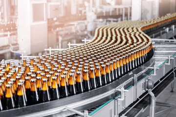 Beer bottles on conveyor production line. Banner Brewery industry food factory manufacturing