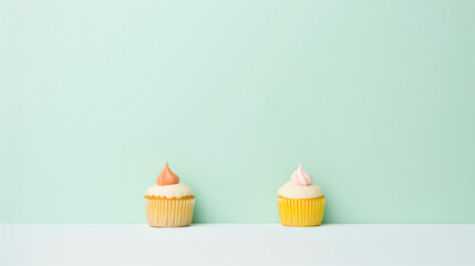 Two pastel yellow frosted cupcakes with pink and orange frosting isolated on a pale green background