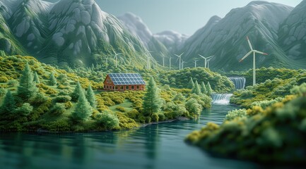 Tranquil 3D river valley with green energy infrastructure like hydroelectric dams and solar farms, sustainable river basin management, eco-friendly hydroelectric power generation - obrazy, fototapety, plakaty
