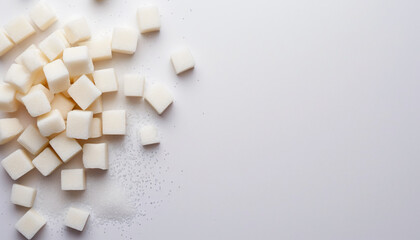 A pile of sugar cubes. Nutrition and carbohydrates. Unhealthy diet. Hidden sugar in food. Industrial food. Stacked sugar cubes. Refined white sugar. White background. Isolated. Top down. From above.