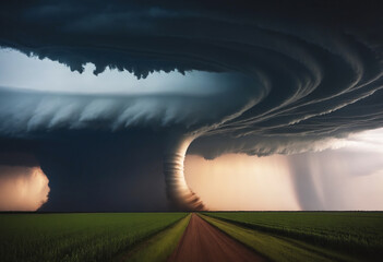 Tornado disaster - environment landscaped image. Nature power concept. Climate change. Weather illustration. Adventure travel conceptual photography style. Dramatic cloudscape. Cinematics light.