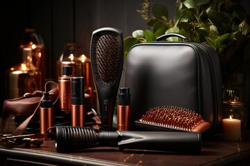 Professional hairdressing tools and equipment   scissors, hairbrush, and hairdryer from top view