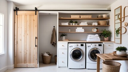 The laundry room with a sliding barn door and the interior of the kitchen