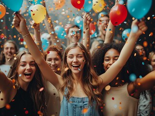 Group of People Holding Balloons and Confetti
