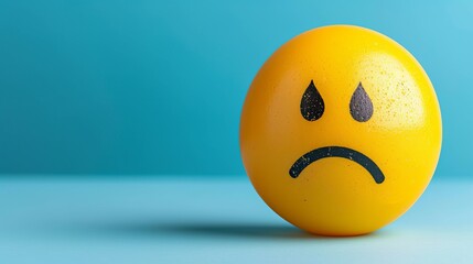 Yellow stress ball with sad face on light blue background   copy space available