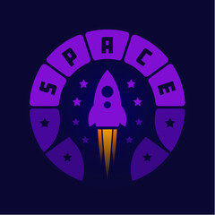 space word and rocket symbol on dark blue background. space and rocket logo