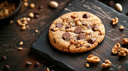 Obraz na płótnie Canvas a round chocolate chip cookie placed atop a sleek black serving board, accompanied by an assortment of nuts, set against the rustic backdrop of a vintage dark kitchen table.