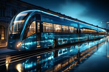 Naklejka premium autonomous AI-driven bus on city street with blue lights